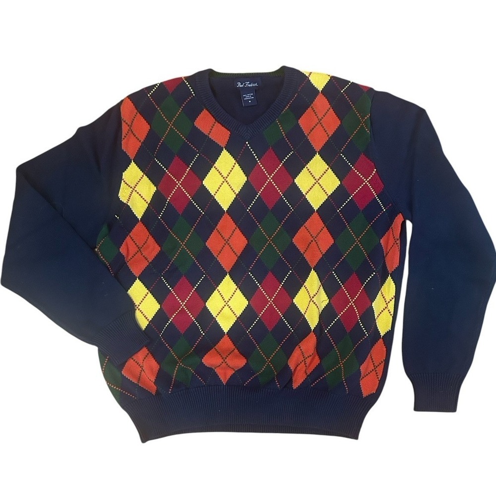 Paul Fredrick Men Argyle Sweater Sz Med Navy 100% Cotton V-Neck Preppy Pullover